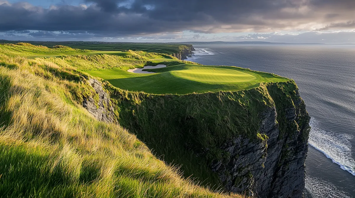 Scenic view of a links golf course with rolling fairways and coastal backdrop